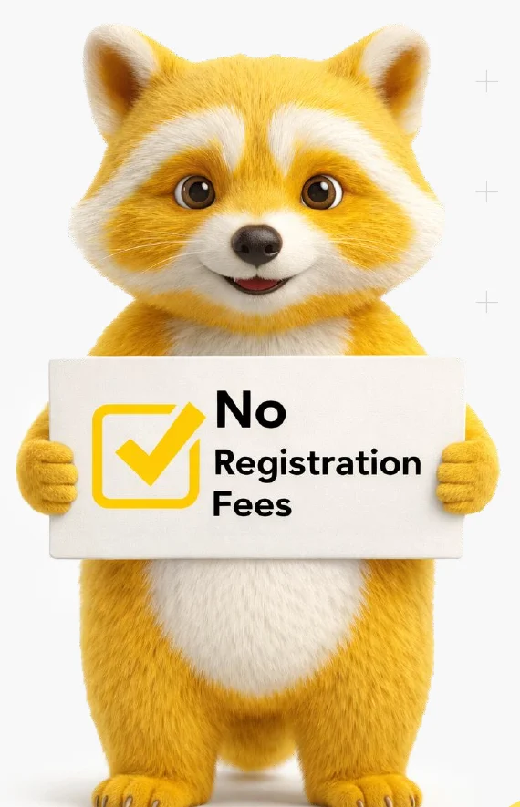 The Urbanese mascot holding a ‘No Registration Fees’ sign