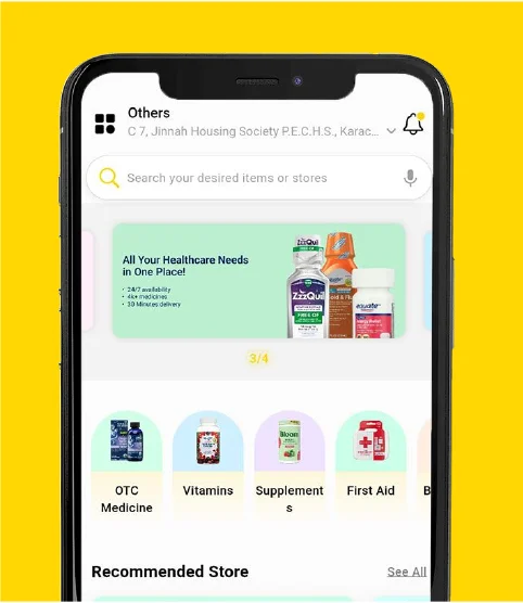 The Urbanese customer app showing pharmacy categories and recommended stores