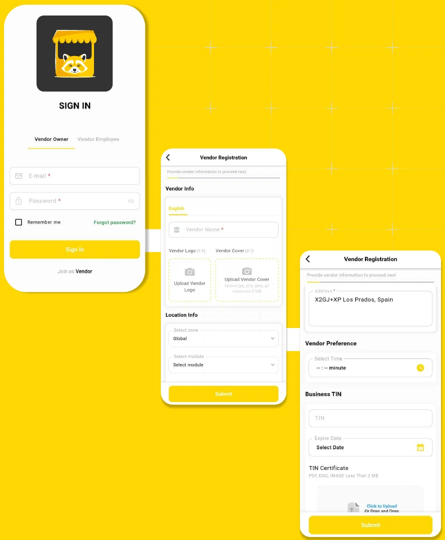 Seller app screens: sign in as Vendor Owner or Vendor Employee, then the vendor registration form